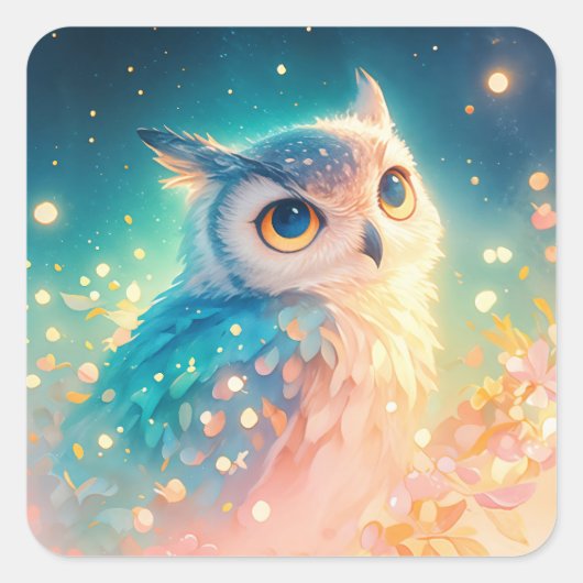 Cute Fantasy Owl with Large Blue Eyes スクエアシール (正面)