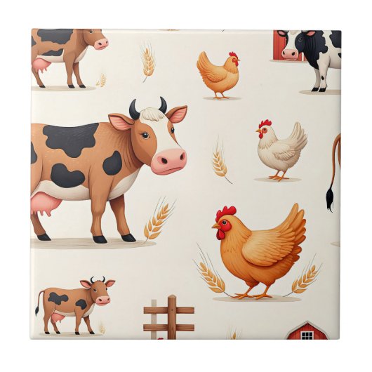 Cute Farm Animals Barn Pattern タイル (正面)