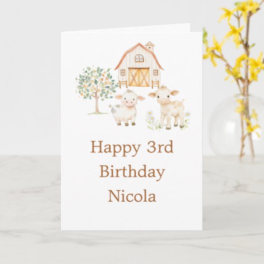 Cute Farm Barn Cows Birthday Party カード (黄色い花)