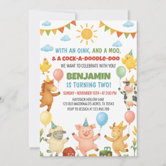 Cute Farm Barnyard Animals Kids Birthday Party 招待状 (正面)