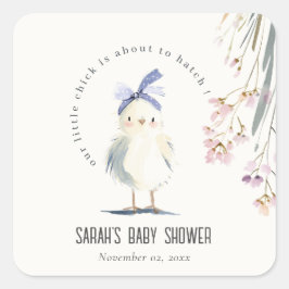 Cute Farm Chick Watercolor Floral Baby Shower スクエアシール