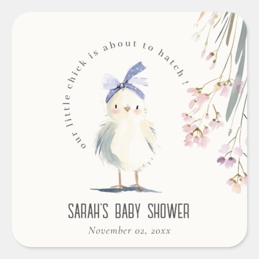 Cute Farm Chick Watercolor Floral Baby Shower スクエアシール (正面)