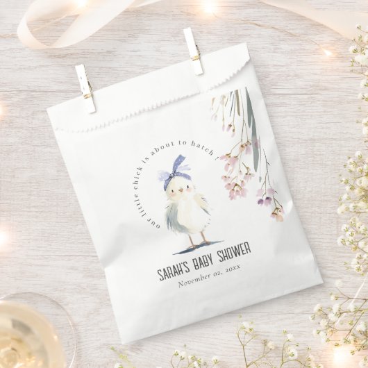 Cute Farm Chick Watercolor Floral Baby Shower フェイバーバッグ (クリップ留めされた状態)