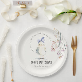 Cute Farm Chick Watercolor Floral Baby Shower ペーパープレート