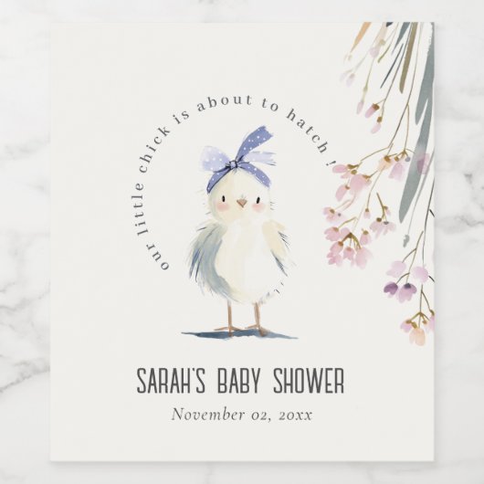 Cute Farm Chick Watercolor Floral Baby Shower ワインラベル (シングルラベル)
