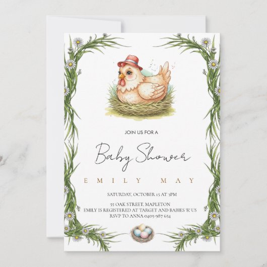 ِCute Farm Chicken Baby Shower  招待状 (正面)