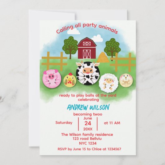 Cute Farm Party Animals Balls Birthday Invitation 招待状 (正面)