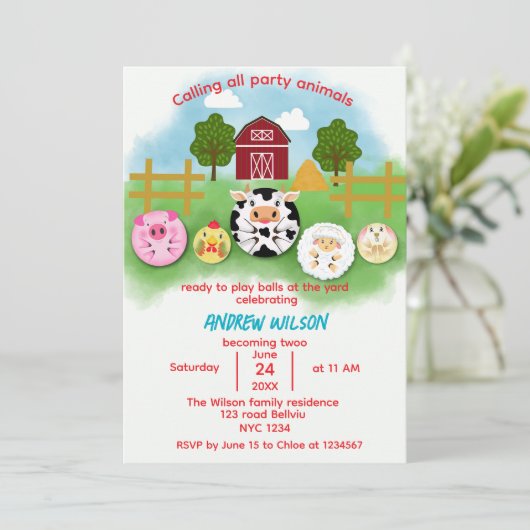 Cute Farm Party Animals Balls Birthday Invitation 招待状 (スタンド正面)