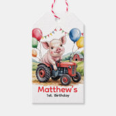 Cute Farm Pig On A Tractor 1st. Birthday Party ギフトタグ (正面)