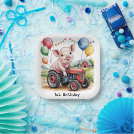 Cute Farm Pig On A Tractor 1st. Birthday Party ペーパープレート