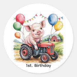 Cute Farm Pig On A Tractor 1st. Birthday Party ラウンドシール