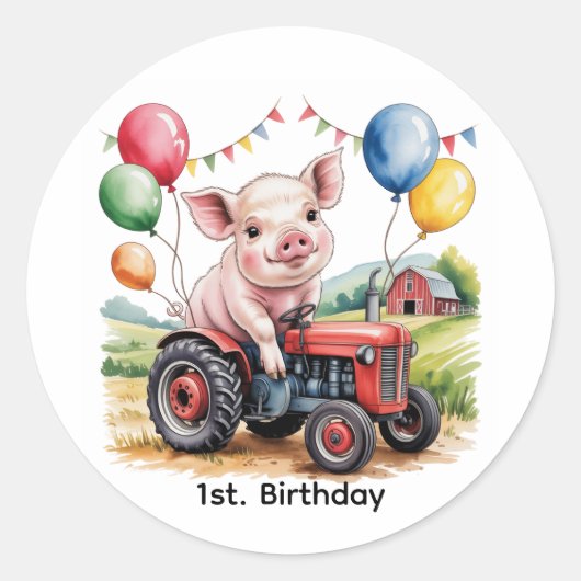 Cute Farm Pig On A Tractor 1st. Birthday Party ラウンドシール (正面)