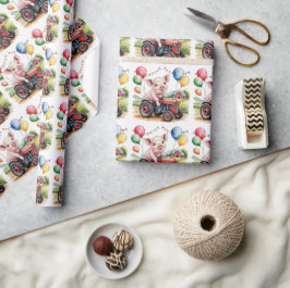 Cute Farm Pig On A Tractor 1st. Birthday Party ラッピングペーパー