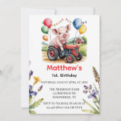 Cute Farm Pig On A Tractor 1st. Birthday Party 招待状 (正面)