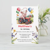 Cute Farm Pig On A Tractor 1st. Birthday Party 招待状 (スタンド正面)