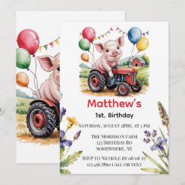 Cute Farm Pig On A Tractor 1st. Birthday Party 招待状