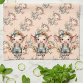 Cute Farmcore Pig in Overalls with Flowers キッチンタオル (折り畳み)