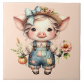 Cute Farmcore Pig in Overalls with Flowers タイル (正面)