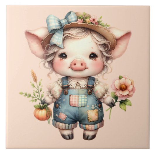 Cute Farmcore Pig in Overalls with Flowers タイル (正面)