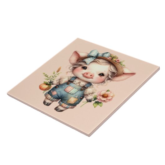 Cute Farmcore Pig in Overalls with Flowers タイル (側面)