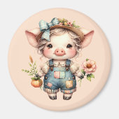 Cute Farmcore Pig in Overalls with Flowers マグネット (正面)