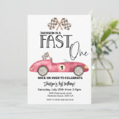 Cute FAST ONE Red Race car 1st birthday  招待状 (スタンド正面)