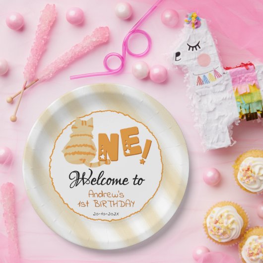 Cute Fat Orange Cat 1st Birthday ペーパープレート (パーティー)