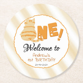 Cute Fat Orange Cat 1st Birthday ラウンドペーパーコースター