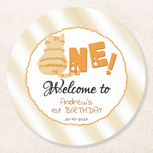 Cute Fat Orange Cat 1st Birthday ラウンドペーパーコースター (正面)