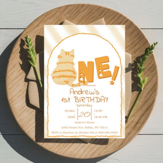 Cute Fat Orange Cat 1st Birthday 招待状
