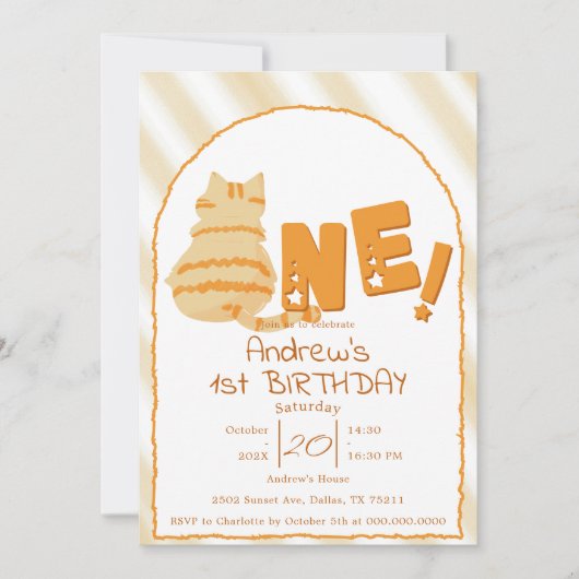Cute Fat Orange Cat 1st Birthday 招待状 (正面)