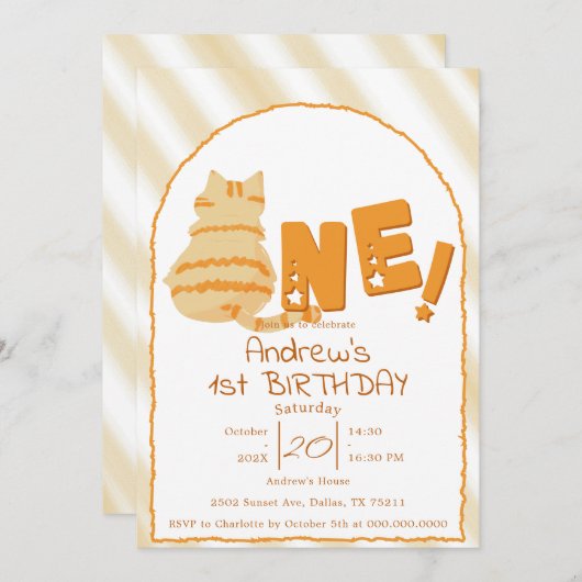 Cute Fat Orange Cat 1st Birthday 招待状 (正面/裏面)