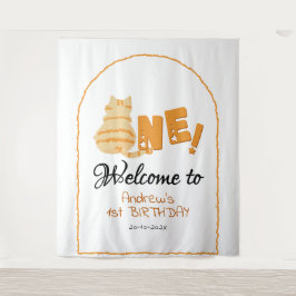 Cute Fat Orange Cat 1st Birthday Backdrop タペストリー