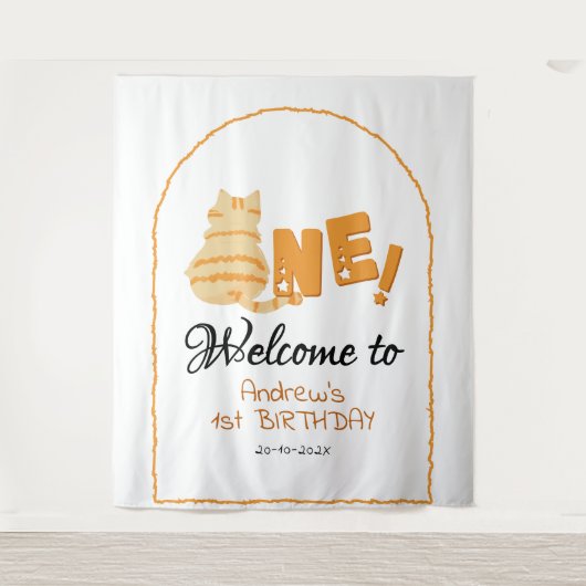 Cute Fat Orange Cat 1st Birthday Backdrop タペストリー (正面)