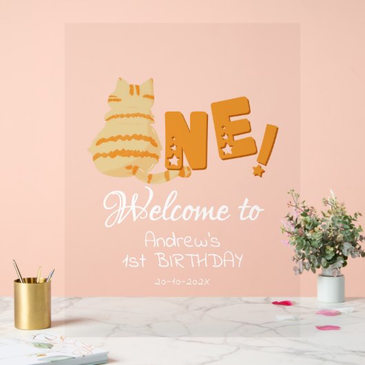 Cute Fat Orange Cat 1st Birthday Welcome アクリルサイン (ウェディング)