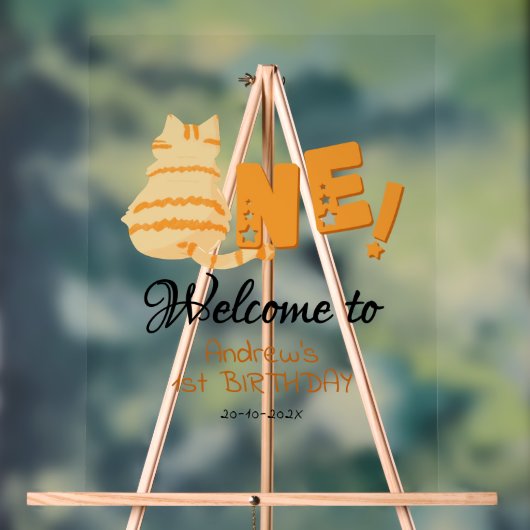 Cute Fat Orange Cat 1st Birthday Welcome アクリルサイン (ニュートラル)