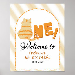 Cute Fat Orange Cat 1st Birthday Welcome Sign ポスター