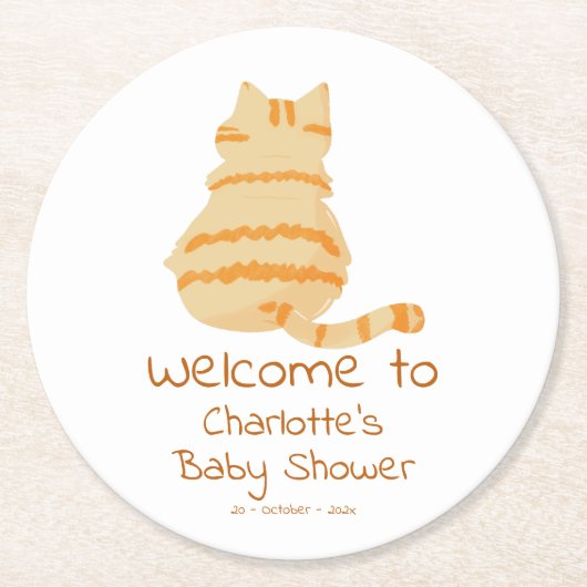 Cute Fat Orange Cat Baby Shower ラウンドペーパーコースター (正面)