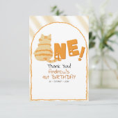 Cute Fat Orange Cat Stripes 1st Birthday サンキューカード (スタンド正面)