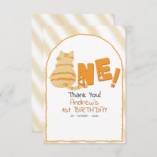 Cute Fat Orange Cat Stripes 1st Birthday サンキューカード (正面/裏面)