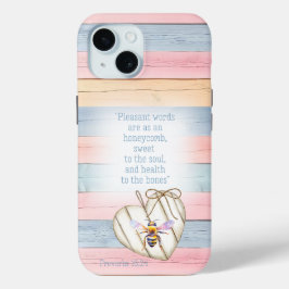 Cute Faux Pastel Wood Heart Bee Scripture iPhone 15ケース