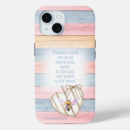 Cute Faux Pastel Wood Heart Bee Scripture Case-Mate iPhoneケース (裏面)