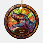 Cute faux stained glass dinosaur holiday keepsake セラミックオーナメント (正面)