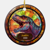 Cute faux stained glass dinosaur holiday keepsake セラミックオーナメント (裏面)