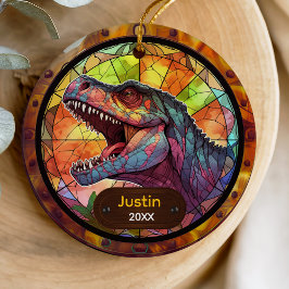Cute faux stained glass dinosaur holiday keepsake セラミックオーナメント
