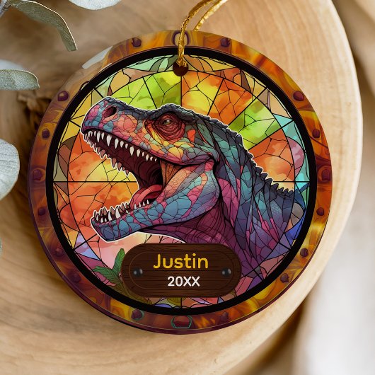 Cute faux stained glass dinosaur holiday keepsake セラミックオーナメント