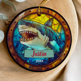 Cute faux stained glass shark christmas keepsake セラミックオーナメント