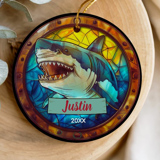 Cute faux stained glass shark christmas keepsake セラミックオーナメント