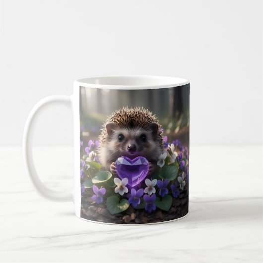 Cute February Hedgehog with Amethyst Heart コーヒーマグカップ (左)