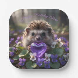 Cute February Hedgehog with Amethyst Heart ペーパープレート